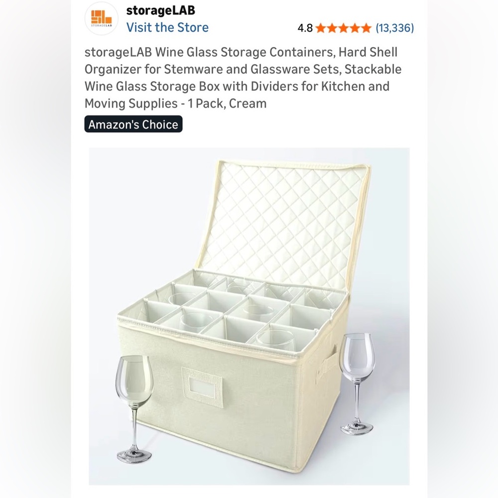 NIB StorageLAB Wine Glass Storage Containers, Hardshell, Stemware, 1 Pack, Cream